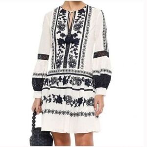 Tory Burch Gabriella Embroidered Dress Size 4 White Blue Floral Swiss Dot